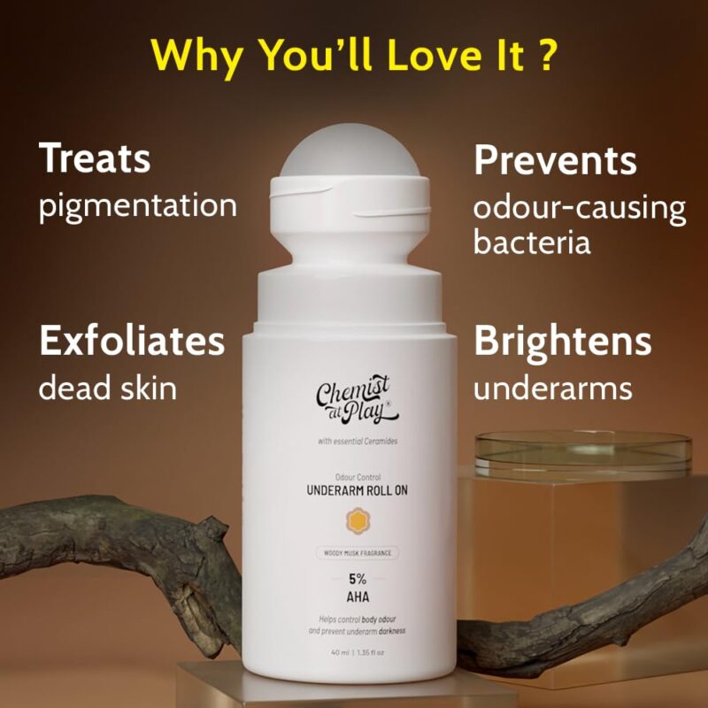 Shop Chemist At Play Underarm Roll On Woody Musk 40ml in Nepal at Beautix Nepal. AHA formula for odour control and smoother underarms.